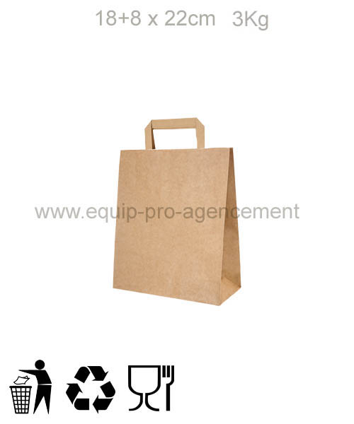 sac papier poignées plates 26+14x32 cms kraft naturel - emballage kraft