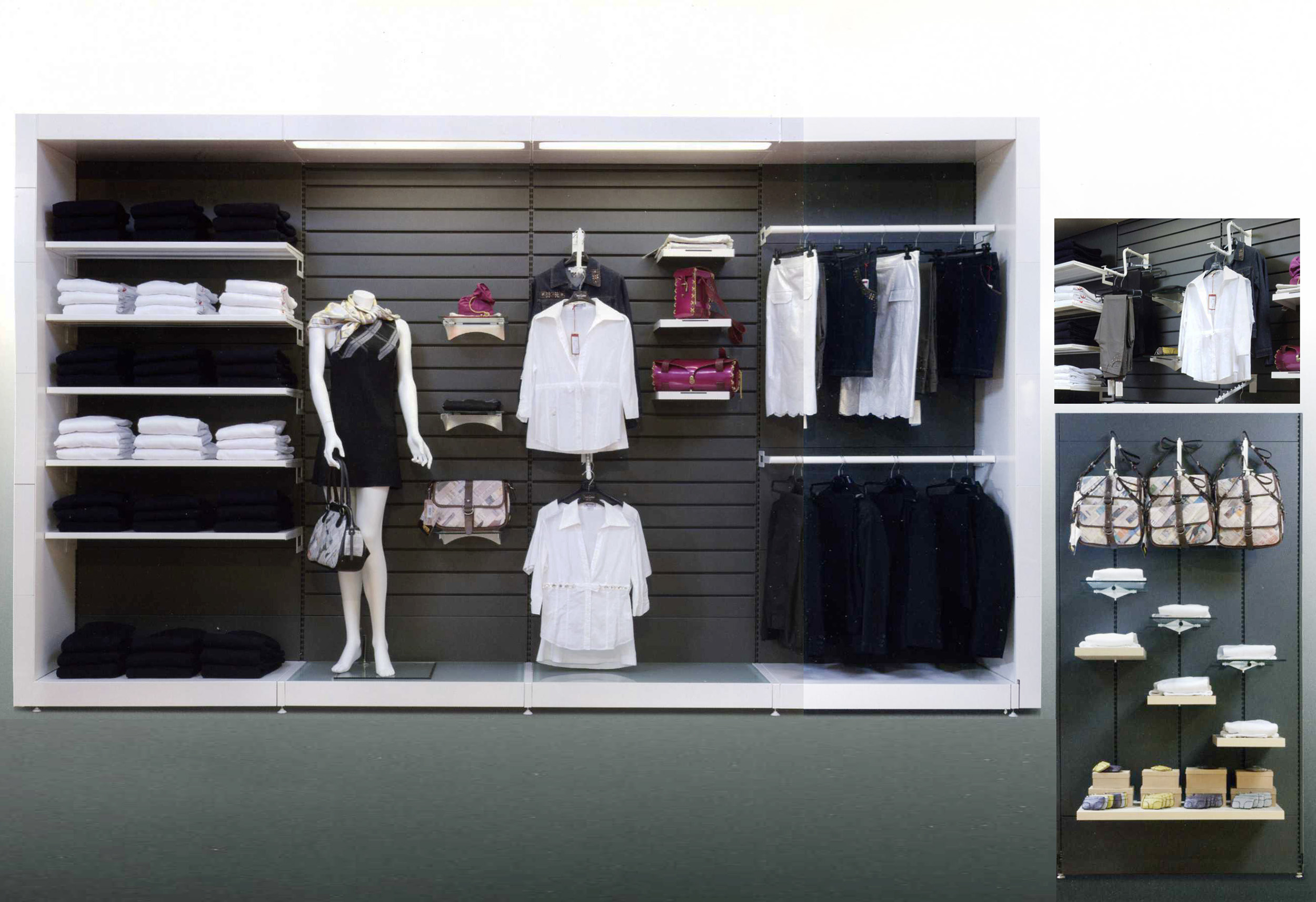 Rayonnage textile et vêtement double acces pour agencement de magasin